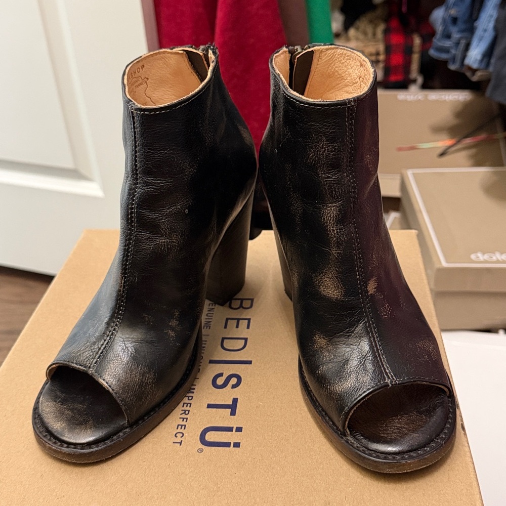 Stylish Black Leather Peep-Toe Ankle Boots